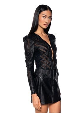 Azalea Wang Black Sheer-Panel Cropped Leather Jacket